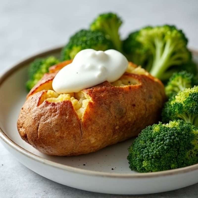 Crispy Baked Potato with Lean Ground Chicken, Steamed Broccoli, and Creamy Greek Yogurt