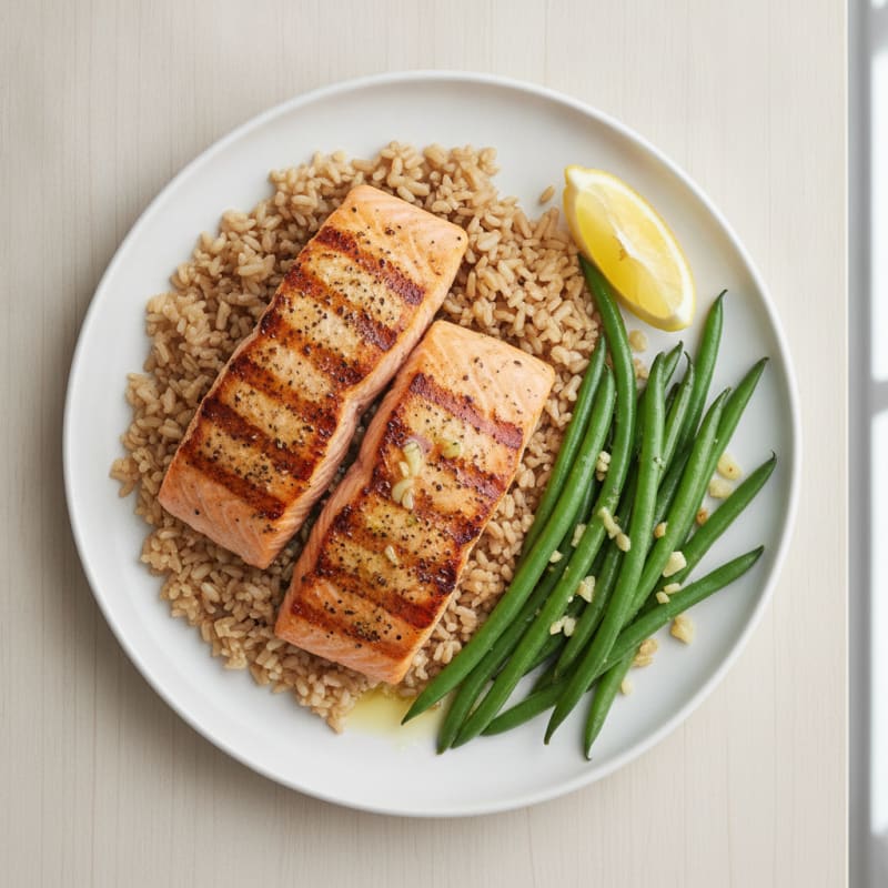 Grilled Salmon Fillet with Garlic Green Beans and Brown Rice