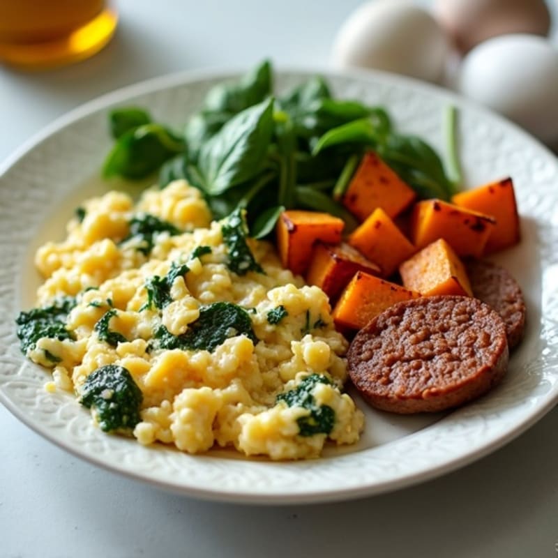 Egg White and Spinach Scramble with Turkey Sausage and Roasted Sweet Potato