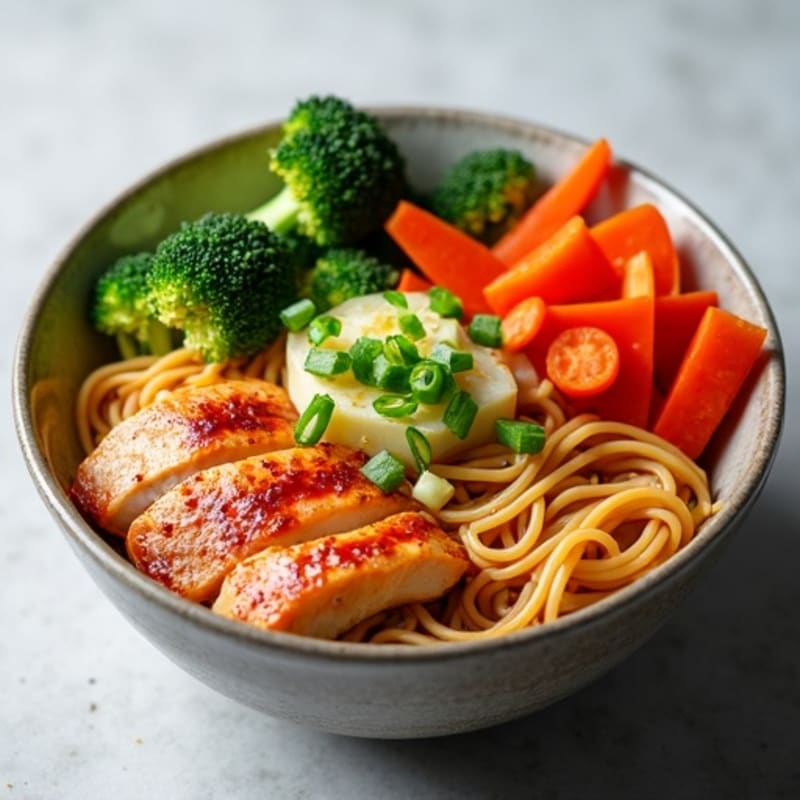 Spicy Sriracha Chicken Ramen Bowl with Fresh Vegetables