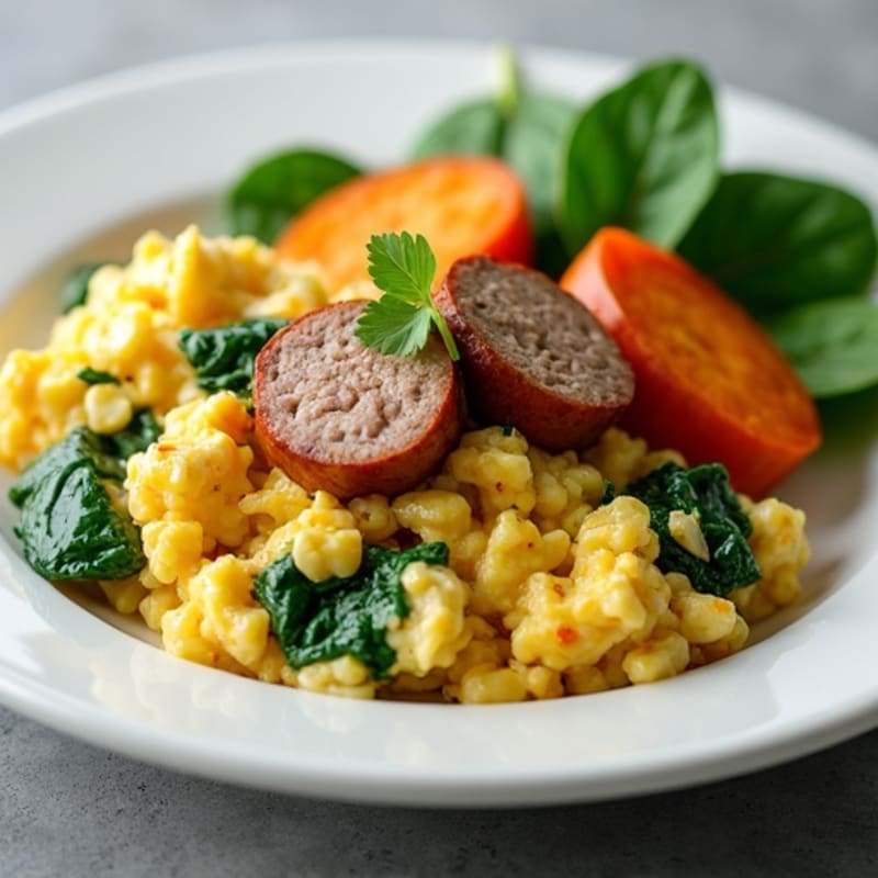 Egg White and Turkey Sausage Scramble with Spinach and Roasted Sweet Potato