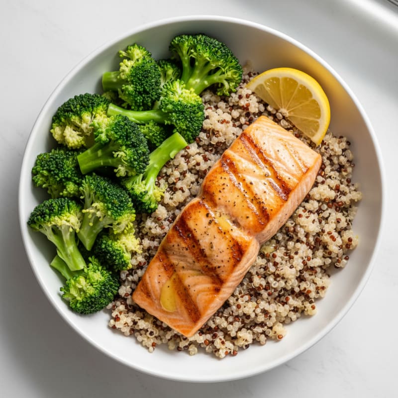 Seared Salmon with Steamed Broccoli and Quinoa