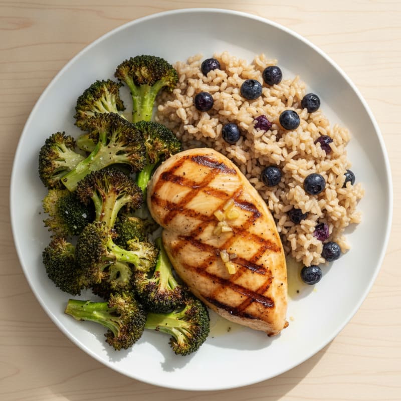 Grilled Chicken Breast with Brown Rice and Roasted Broccoli