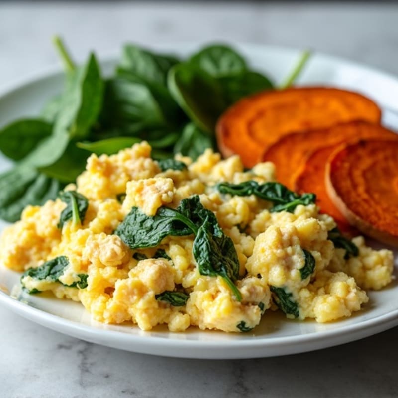 Turkey and Spinach Egg White Scramble with Roasted Sweet Potatoes