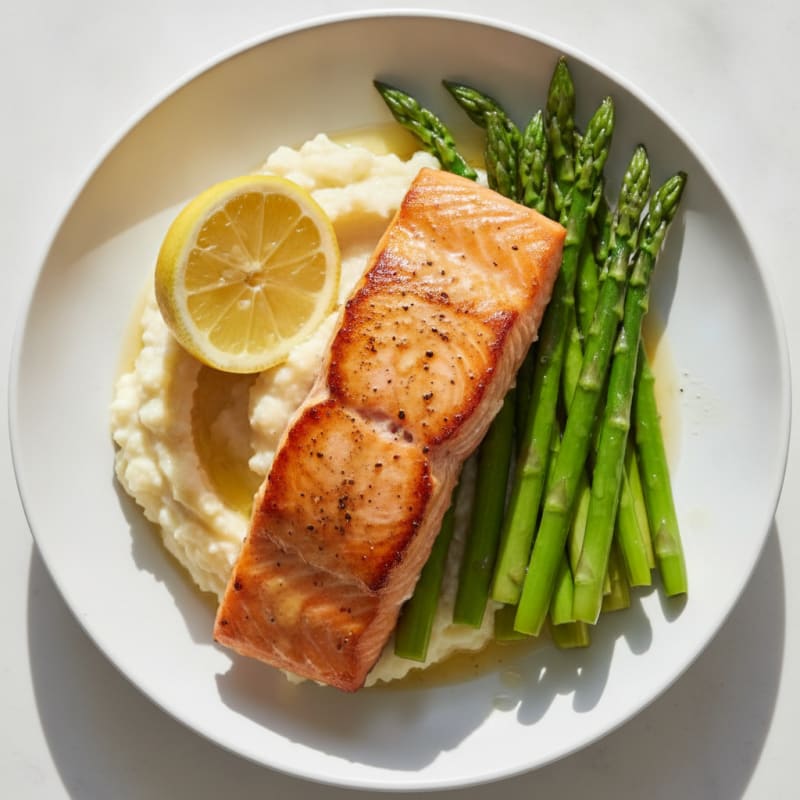 Seared Salmon with Steamed Asparagus and Cauliflower Mash
