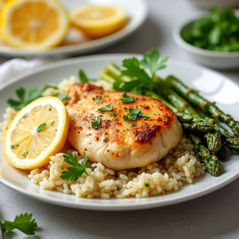 Lemon Herb Roasted Chicken with Fluffy Rice Pilaf and Roasted Asparagus