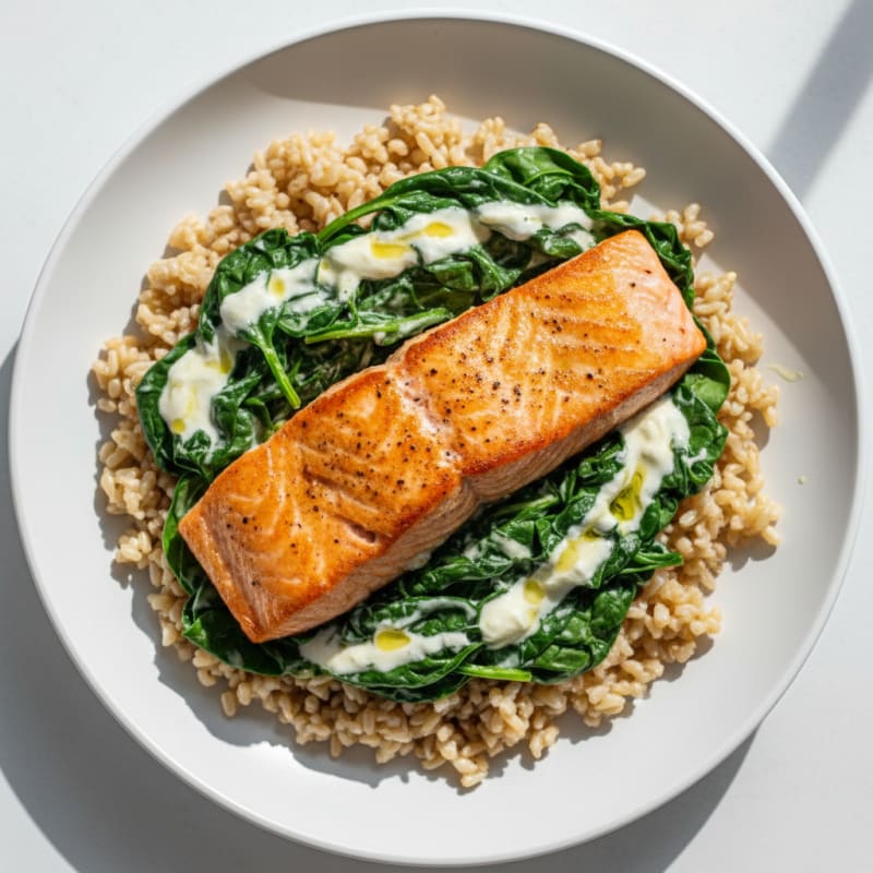 Seared Salmon with Creamy Spinach and Brown Rice