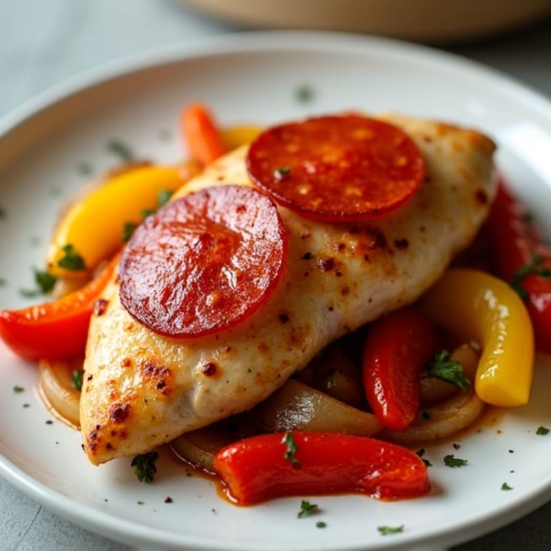 Sheet Pan Pepperoni Chicken with Roasted Bell Peppers and Onions