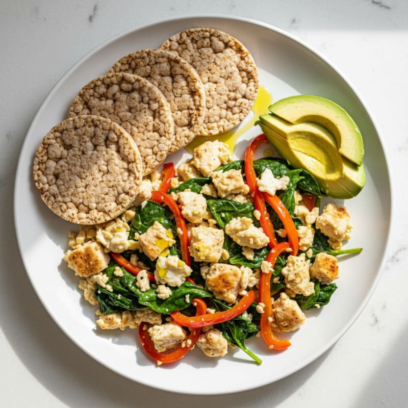 Egg White and Chicken Veggie Scramble with Spinach and Bell Peppers