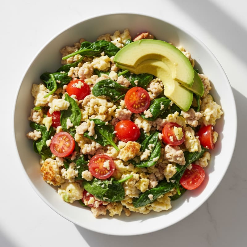 Egg White and Turkey Spinach Scramble with Fresh Tomatoes