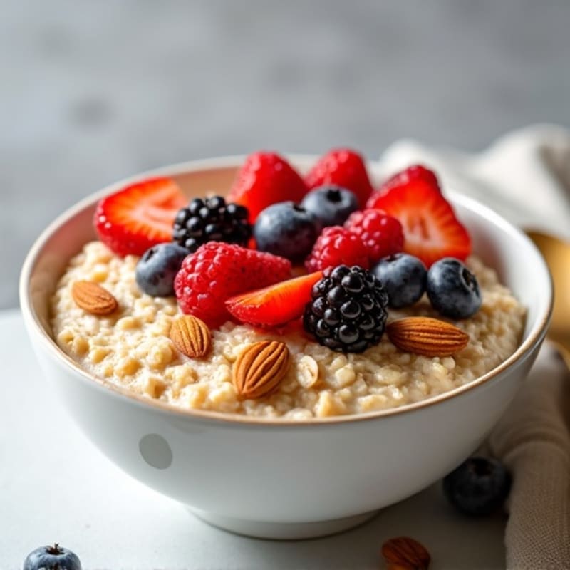 Creamy Vanilla Protein Oatmeal with Toasted Almonds and Fresh Berries