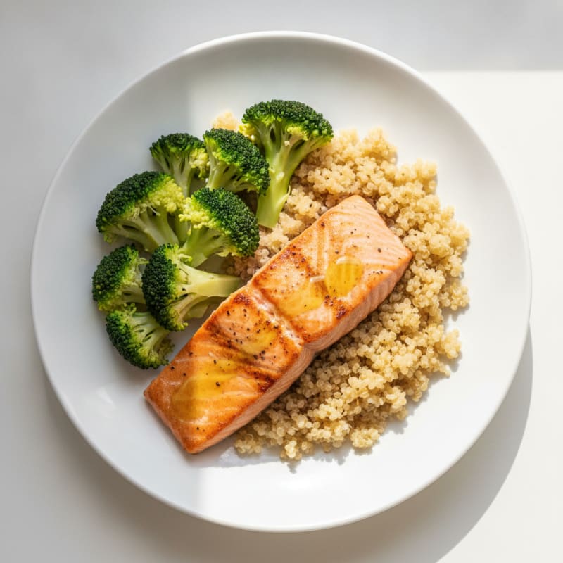 Seared Salmon with Steamed Broccoli and Quinoa
