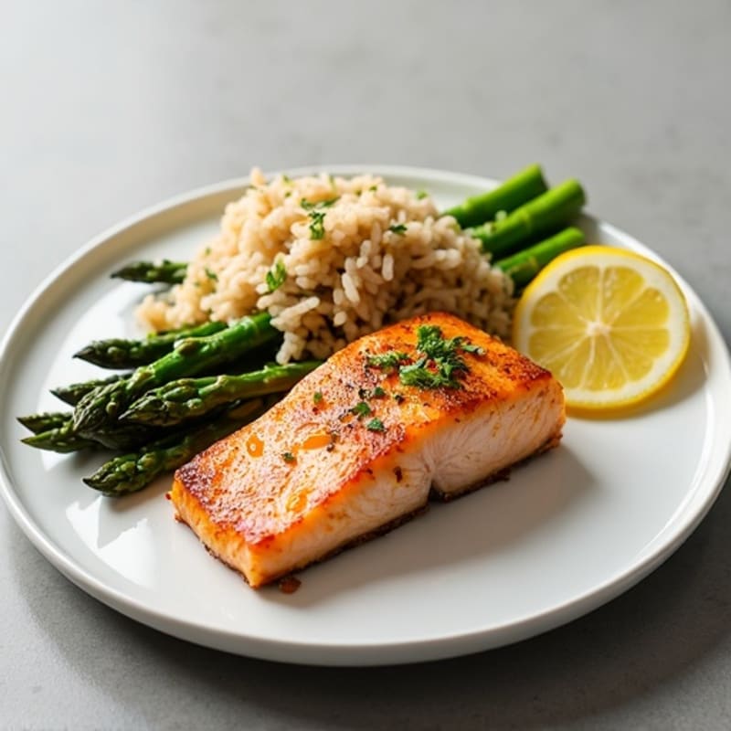 Seared Salmon with Steamed Asparagus and Brown Rice
