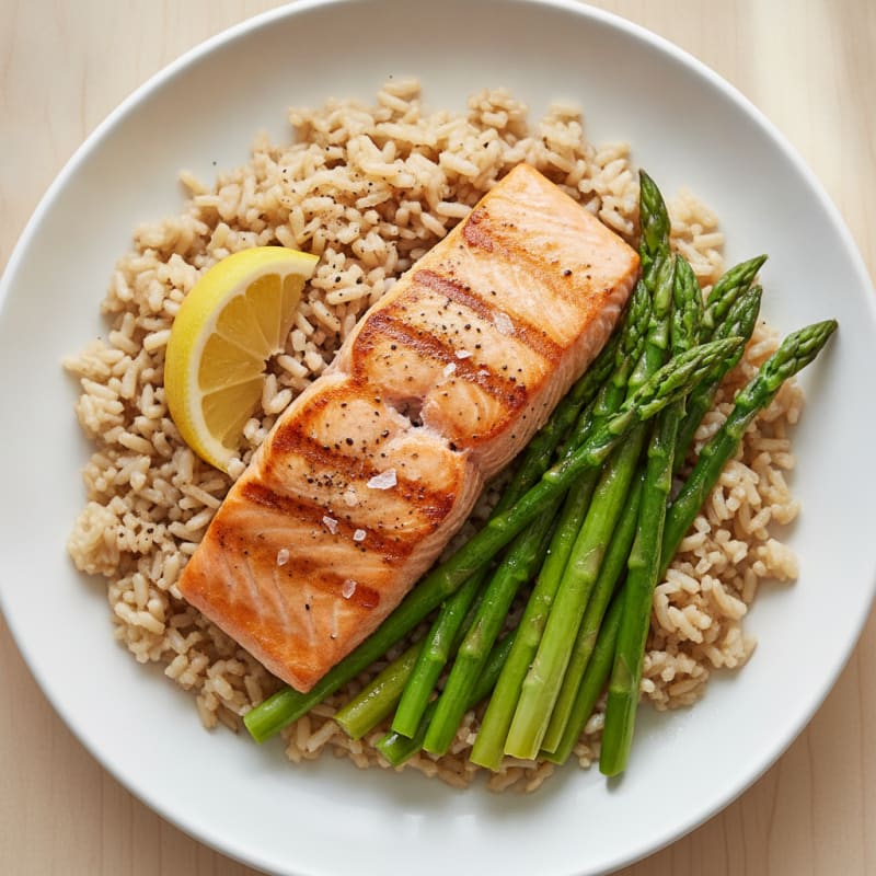 Seared Salmon with Steamed Asparagus and Brown Rice