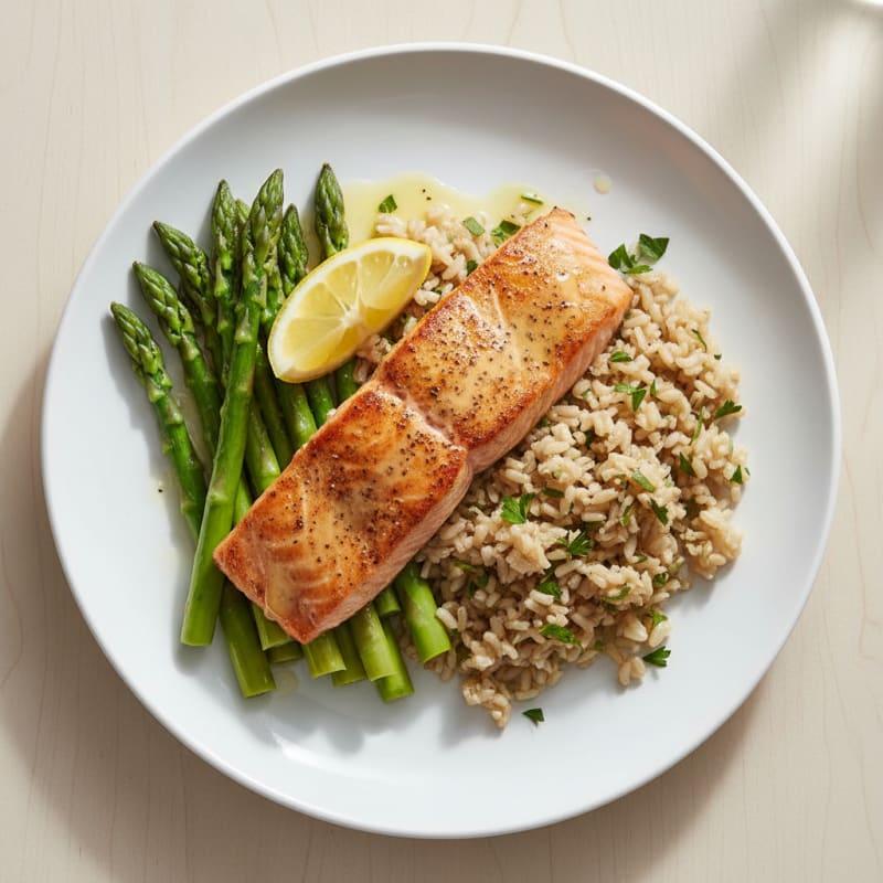 Seared Salmon with Steamed Asparagus and Herbed Brown Rice