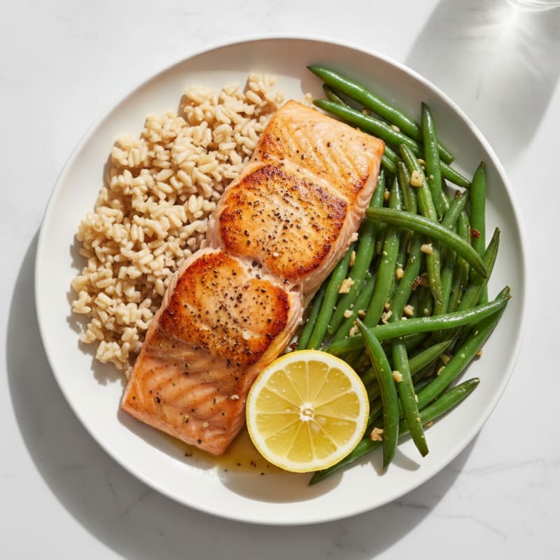 Seared Salmon with Garlic Green Beans and Brown Rice