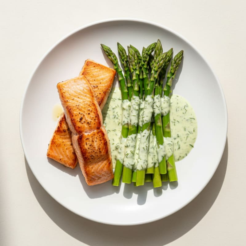 Seared Salmon with Steamed Asparagus and Herb Yogurt Sauce