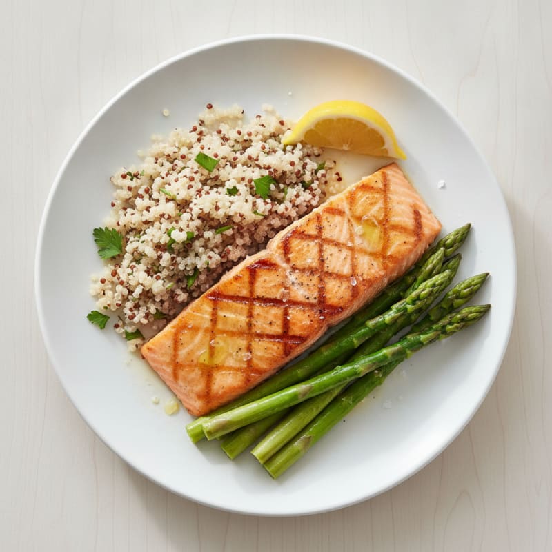 Seared Salmon Fillet with Steamed Asparagus and Quinoa