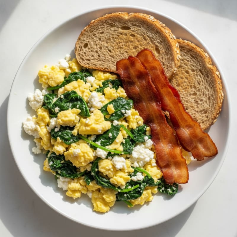 Cottage Cheese Egg Scramble with Spinach and Turkey Bacon