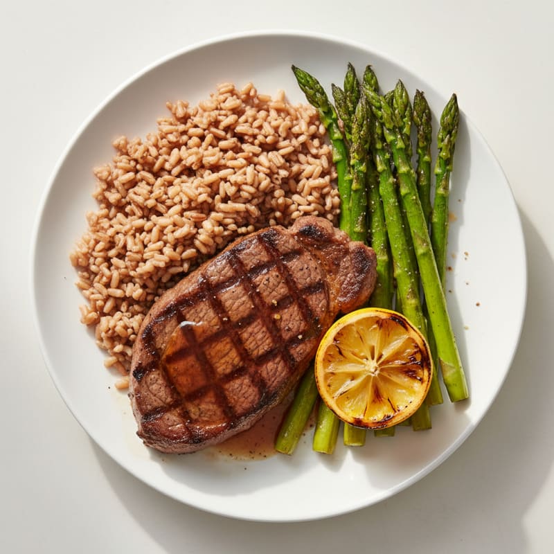 Grilled Steak with Roasted Asparagus and Brown Rice