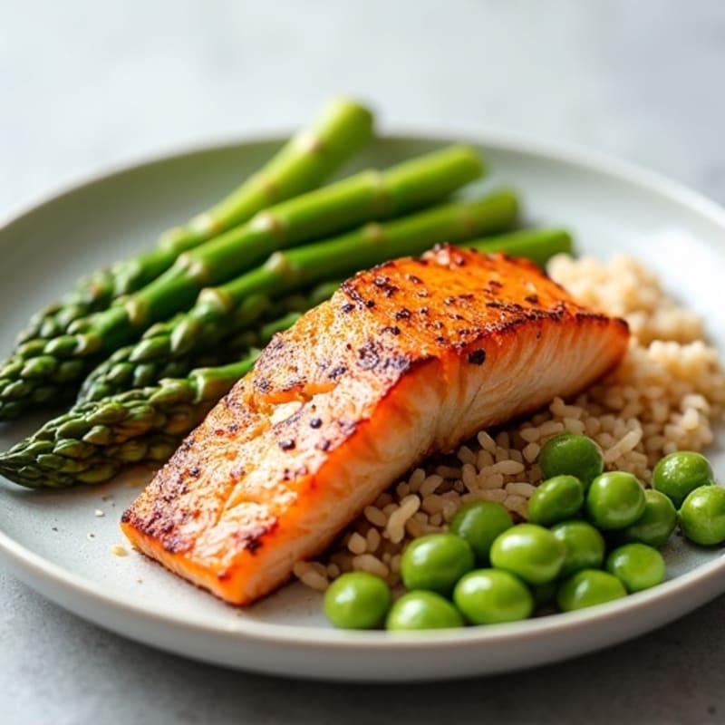 Seared Salmon with Steamed Asparagus, Brown Rice, and Edamame
