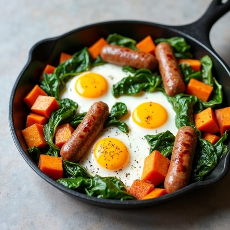 Sheet Pan Eggs with Roasted Sweet Potatoes and Spinach