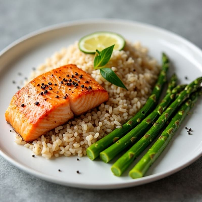Seared Salmon with Steamed Asparagus and Brown Rice