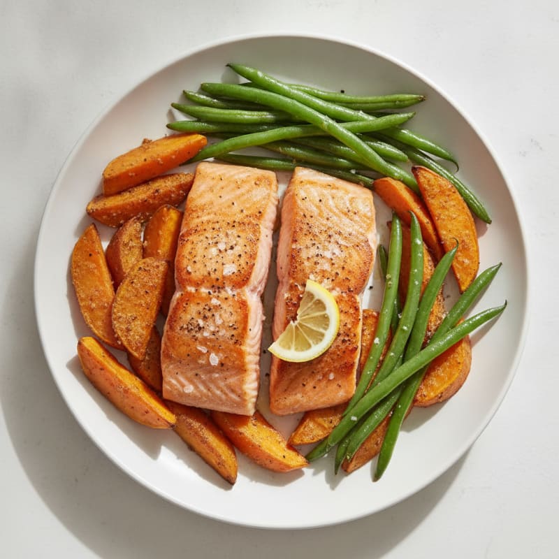 Seared Salmon Fillet with Roasted Sweet Potato and Green Beans