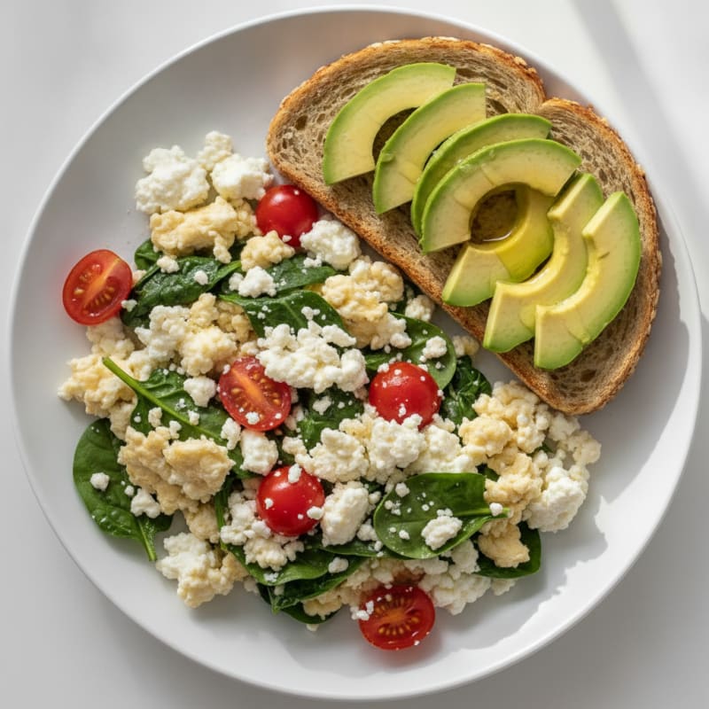 Cottage Cheese and Egg White Scramble with Spinach and Tomatoes