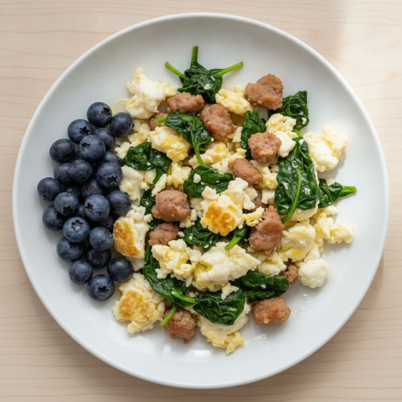 Egg White Scramble with Turkey Sausage and Sautéed Spinach