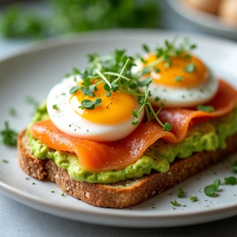 Smashed Avocado Toast with Poached Eggs and Microgreens