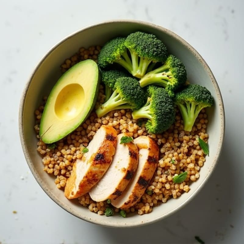 Grilled Chicken and Quinoa Bowl with Roasted Broccoli and Tahini Drizzle