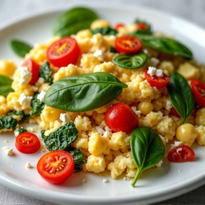 Egg White Spinach Scramble with Cottage Cheese and Cherry Tomatoes