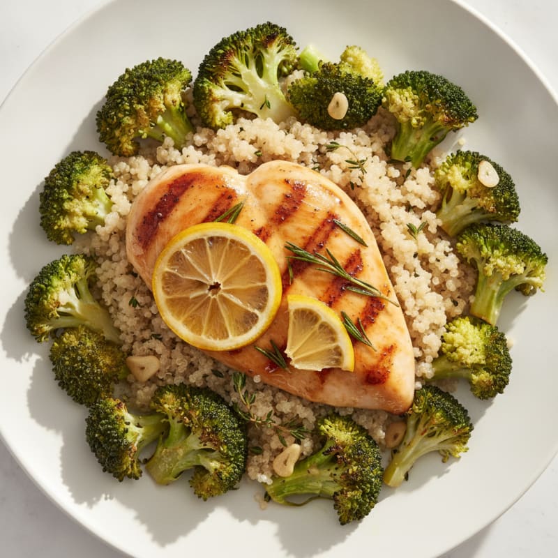 Grilled Chicken Breast with Roasted Broccoli and Quinoa