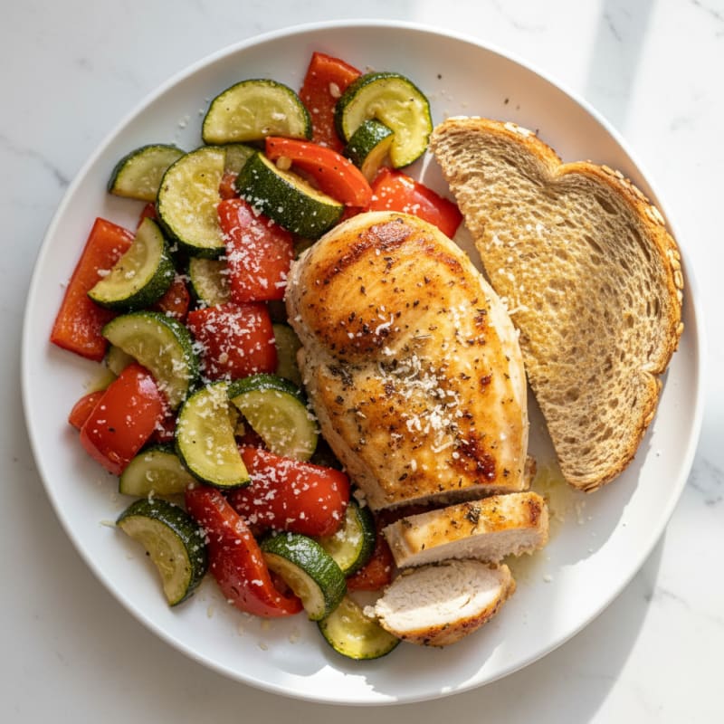 Oven-Baked Herb Chicken Breast with Roasted Vegetables and Parmesan