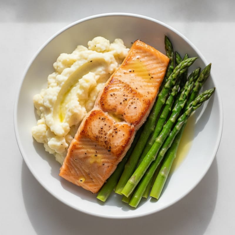 Seared Salmon with Steamed Asparagus and Garlic Mashed Cauliflower