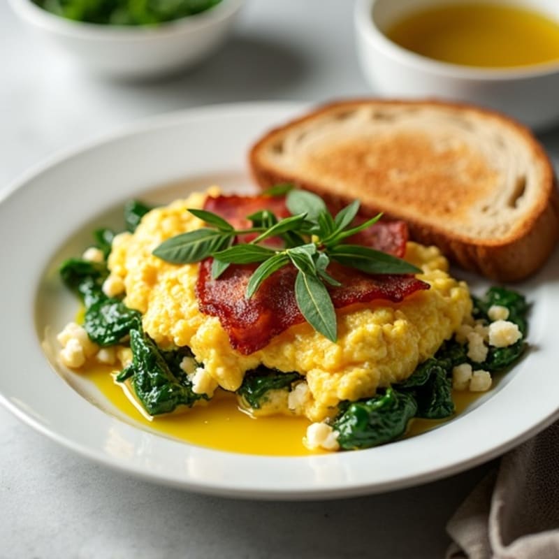 Cottage Cheese Egg White Scramble with Spinach and Turkey Bacon