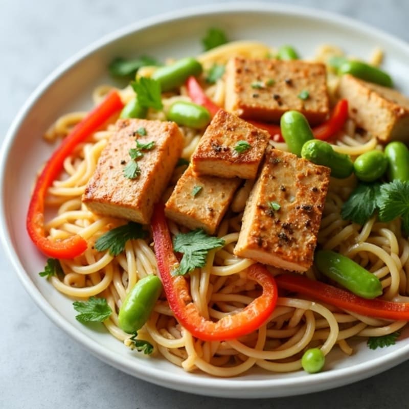Creamy Thai Peanut Noodles with Crispy Tofu and Fresh Vegetables