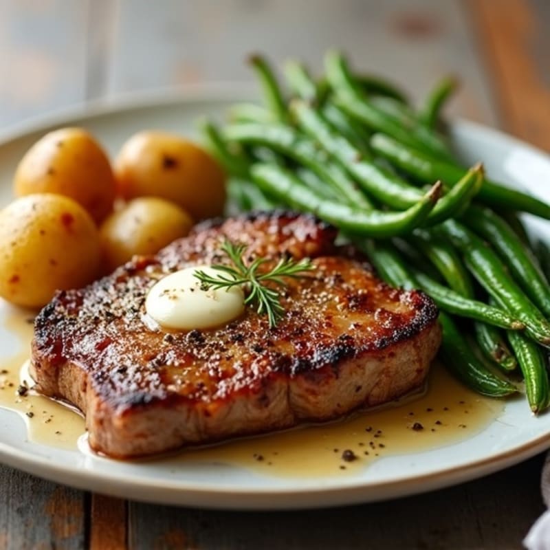 Pan-Seared Garlic Butter Steak with Crispy Roasted Potatoes and Green Beans