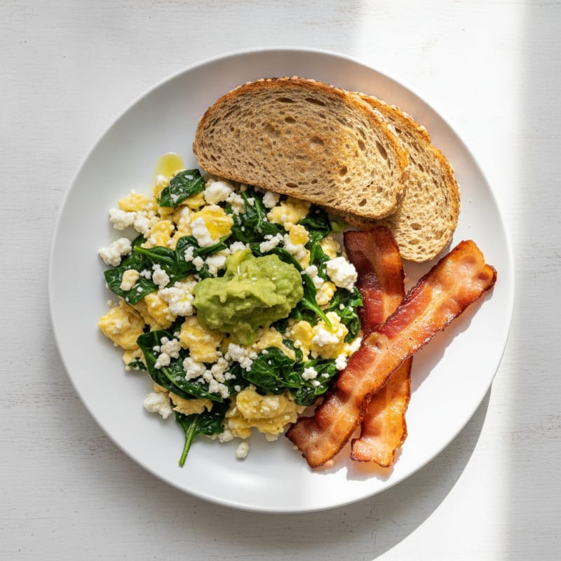 Cottage Cheese Scramble with Spinach and Turkey Bacon
