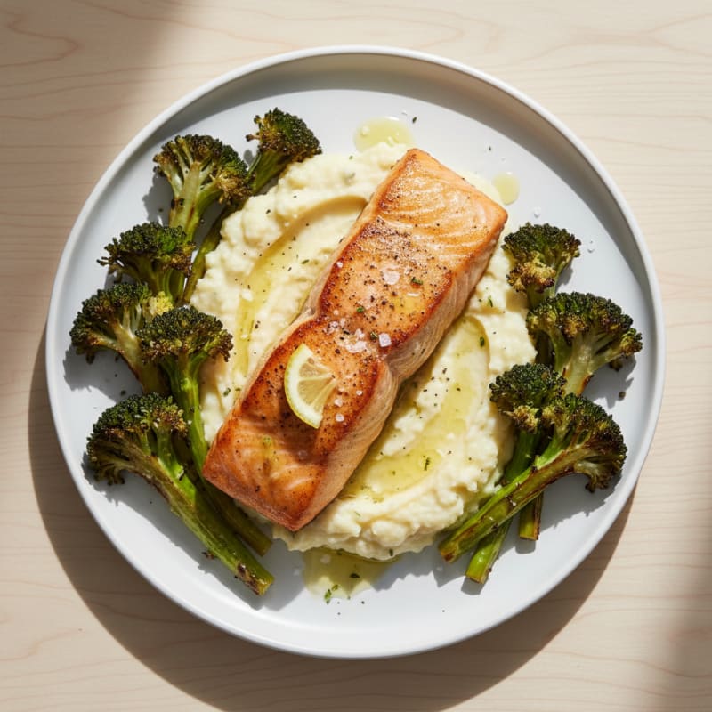 Seared Salmon Fillet with Roasted Broccoli and Garlic Mashed Cauliflower