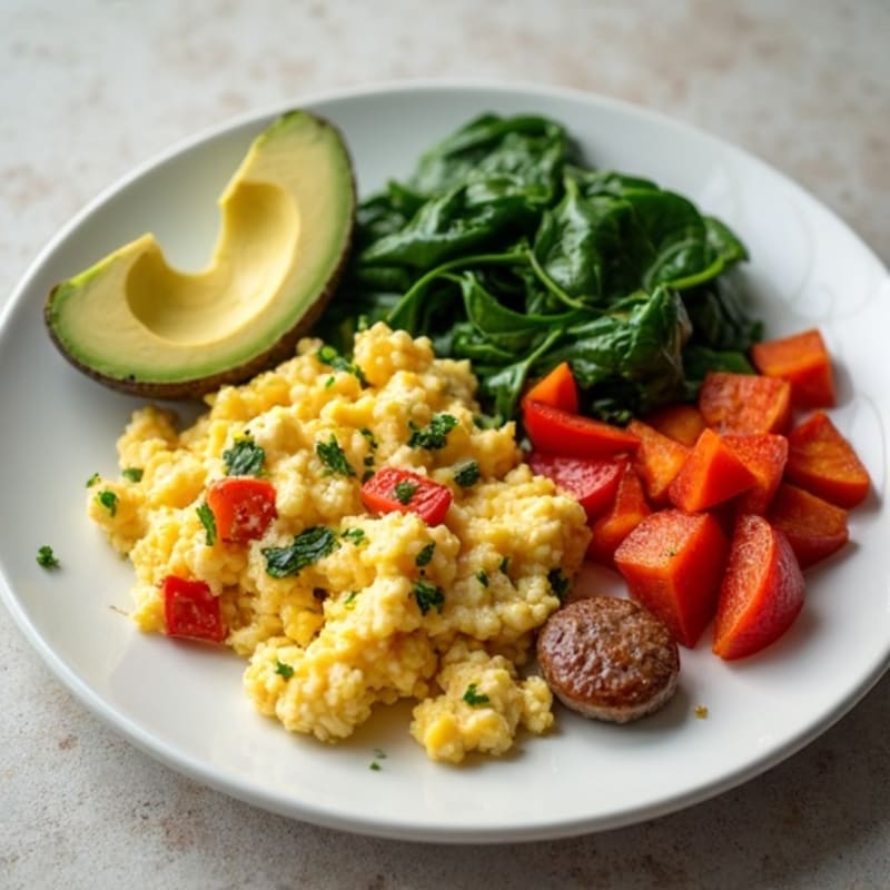 Egg White and Turkey Sausage Scramble with Roasted Sweet Potatoes
