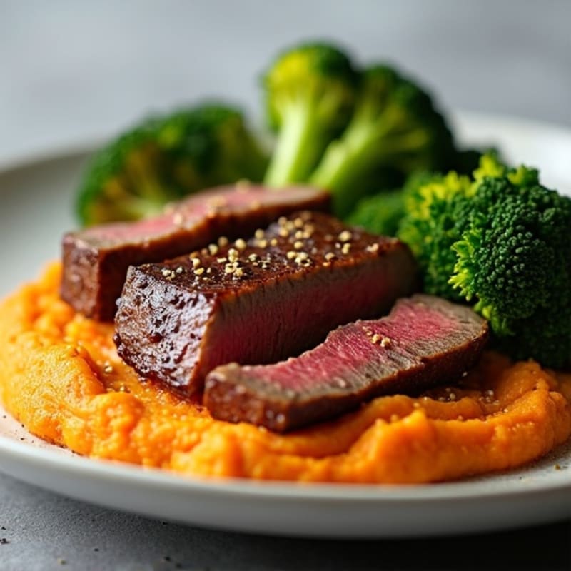 Seared Lean Beef with Roasted Broccoli and Sweet Potato Mash