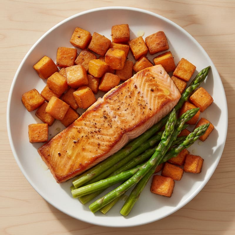 Seared Salmon with Roasted Sweet Potato and Asparagus