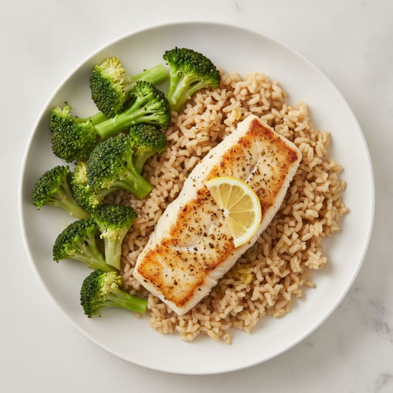 Seared Cod with Steamed Broccoli and Brown Rice