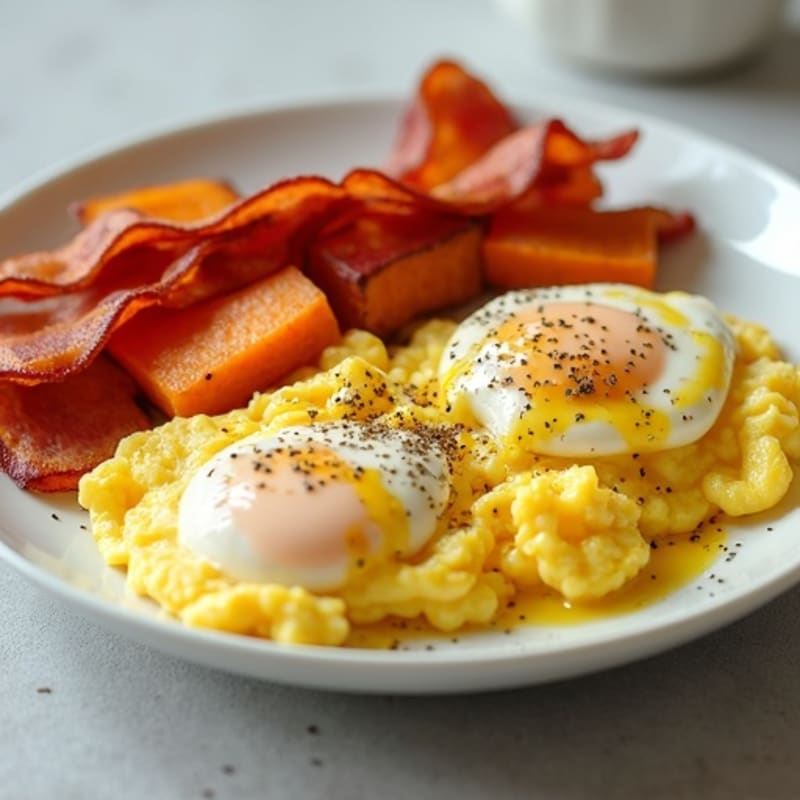 Scrambled Egg Whites with Turkey Bacon and Roasted Sweet Potatoes