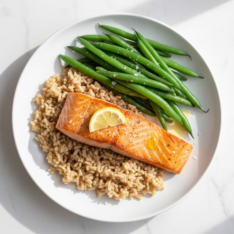 Seared Salmon Fillet with Steamed Green Beans and Brown Rice