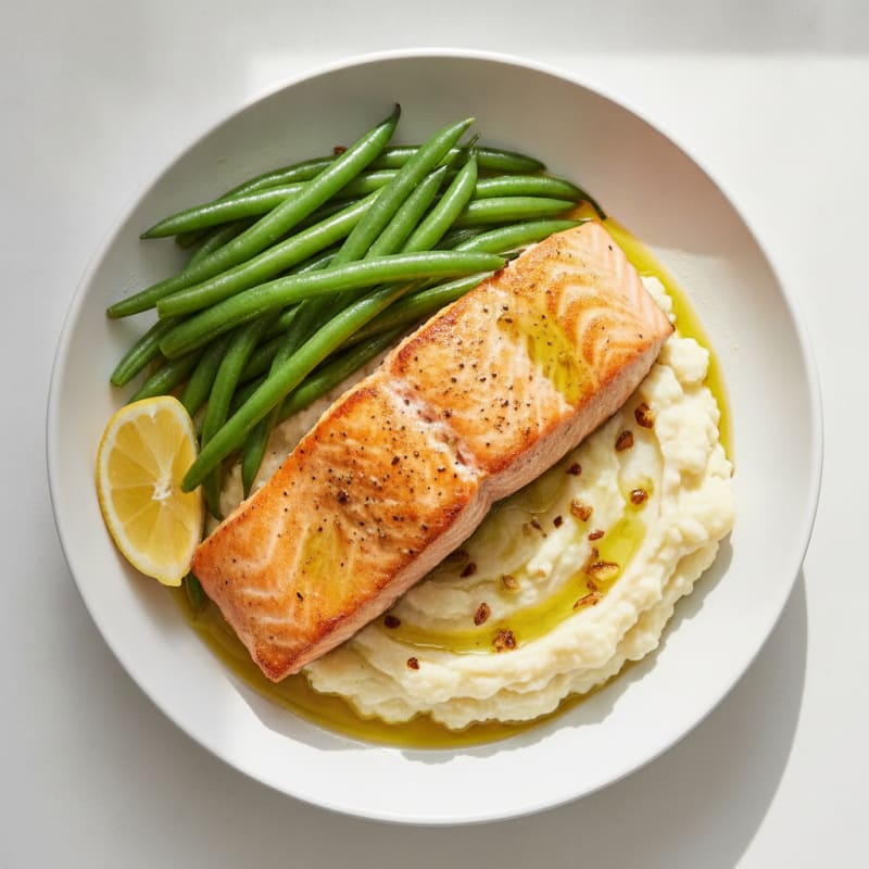 Seared Salmon Filet with Steamed Green Beans and Garlic Mashed Cauliflower