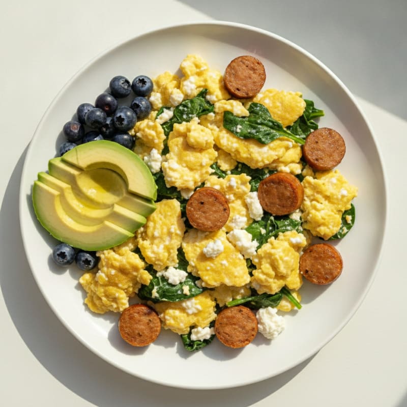 Cottage Cheese Egg Scramble with Chicken Sausage and Spinach