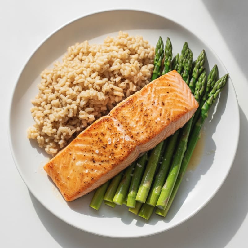Seared Salmon Fillet with Steamed Asparagus and Brown Rice